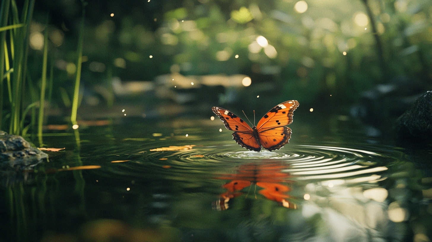 Papillon effleurant la surface d’une eau calme, créant des ondulations.