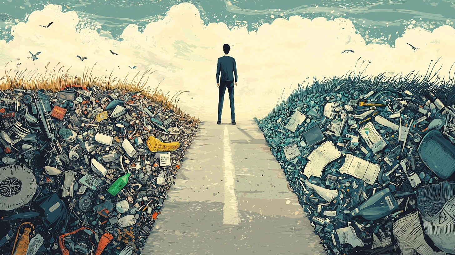 Le poids de nos choix Homme en costume observant un chemin entre deux amas de déchets.