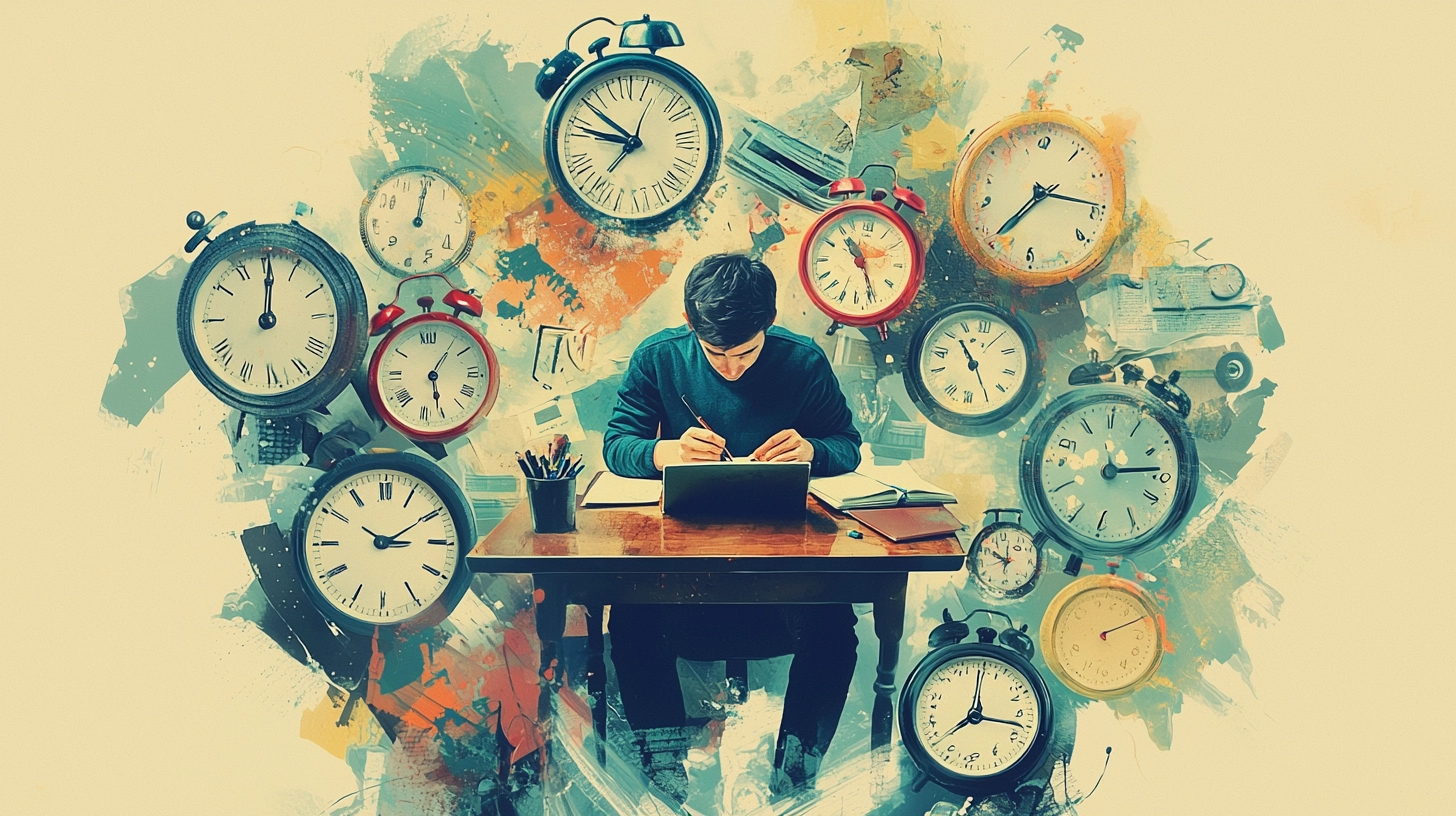 Maîtriser le temps par la constance Étudiant concentré à son bureau, entouré de multiples horloges.
