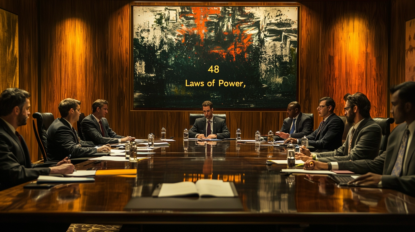 Réunion d’hommes en costume autour d’une grande table, devant un tableau marqué “48 Laws of Power”