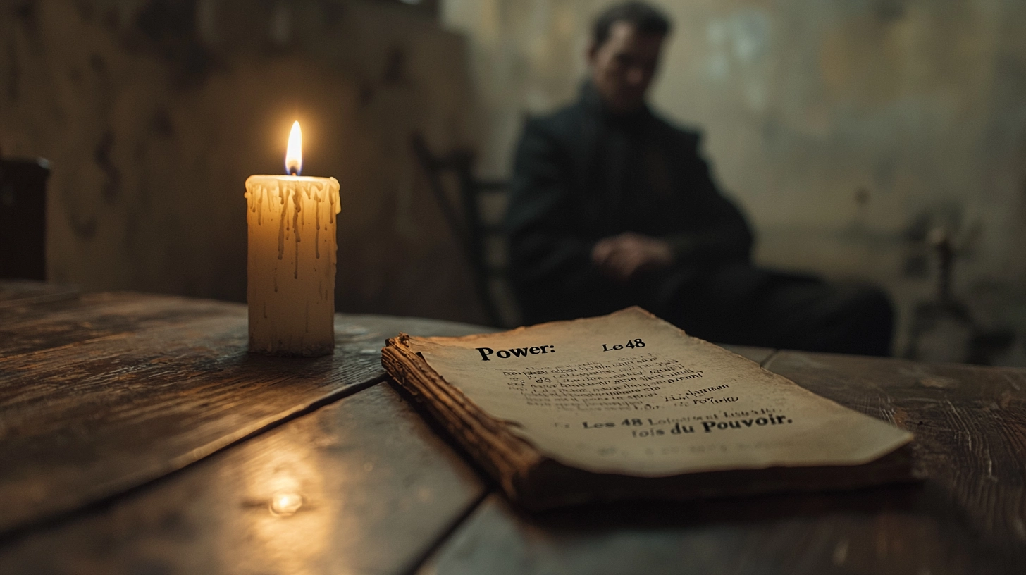 L’Étude dans la Pénombre Bougie allumée sur une table avec un vieux manuscrit “Power: Les 48 lois du pouvoir”, homme flou à l’arrière-plan