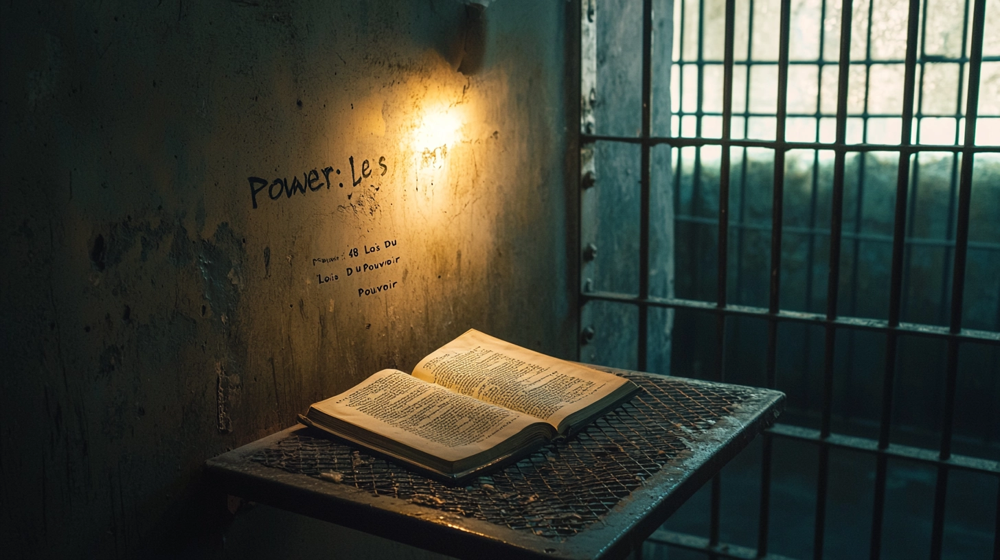 Quand le Pouvoir s’étudie derrière les barreaux Livre ouvert sur une table métallique dans une cellule, graffitis mentionnant les lois du pouvoir