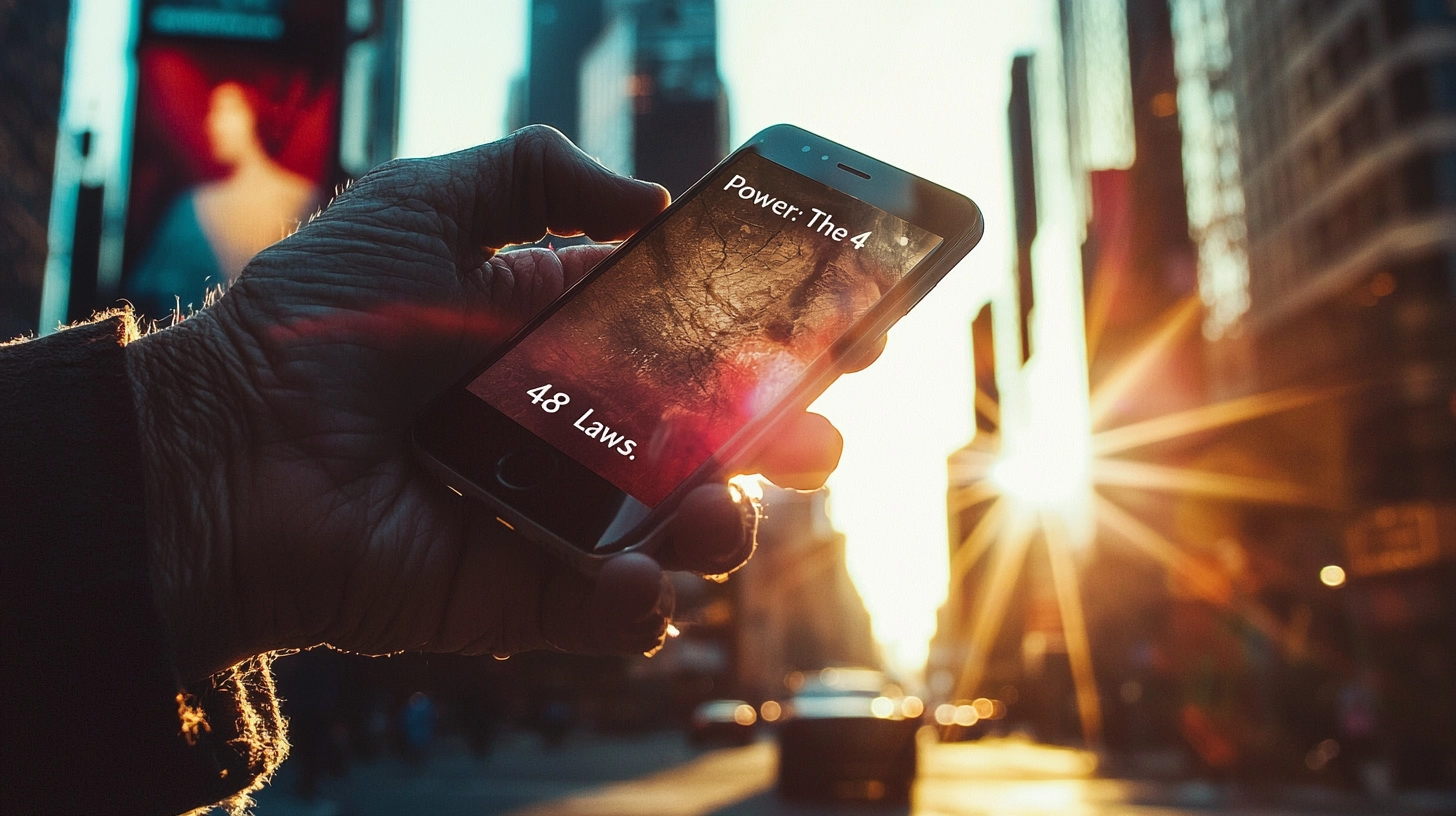 Le Pouvoir est Mobile Main tenant un smartphone avec écrit "48 Laws of Power", fond urbain de type Times Square