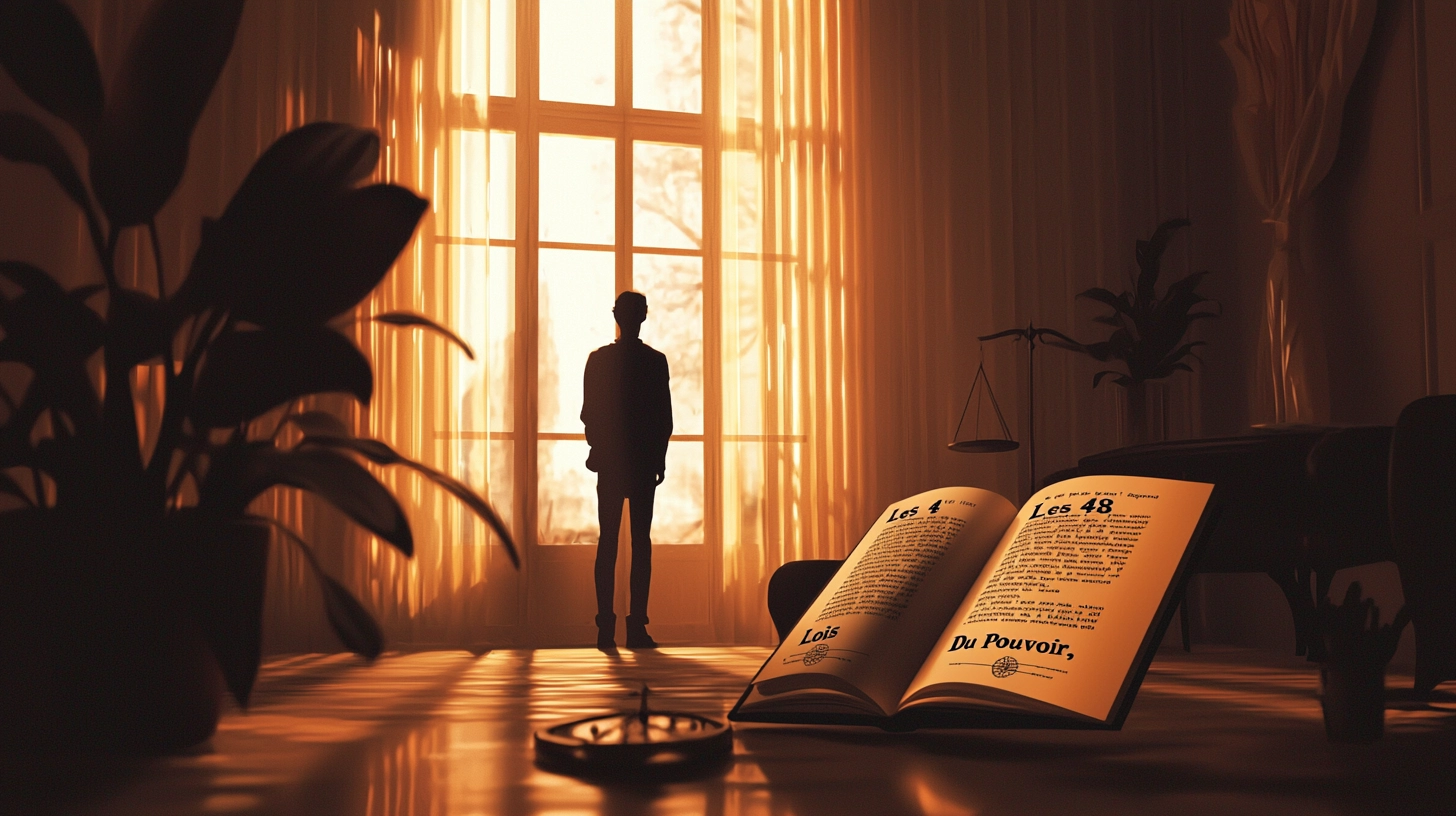L’Attente du Moment Juste Homme debout devant une grande fenêtre, livre “Les 48 lois du pouvoir” ouvert au premier plan